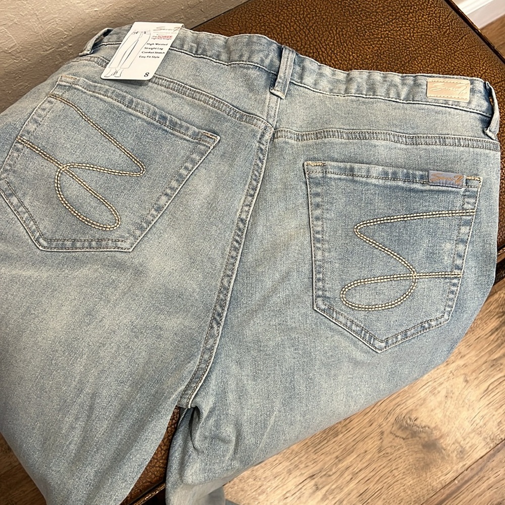 New Seven 7 Lady Stone Wash Distressed Premium Jeans High Waisted Rise Straight! - Picture 8 of 9
